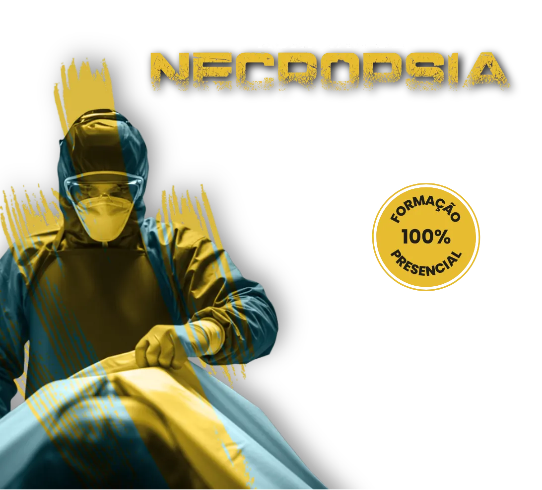 Auxiliar de Necropsia — profissional paramentado com macacão, máscara e óculos de proteção